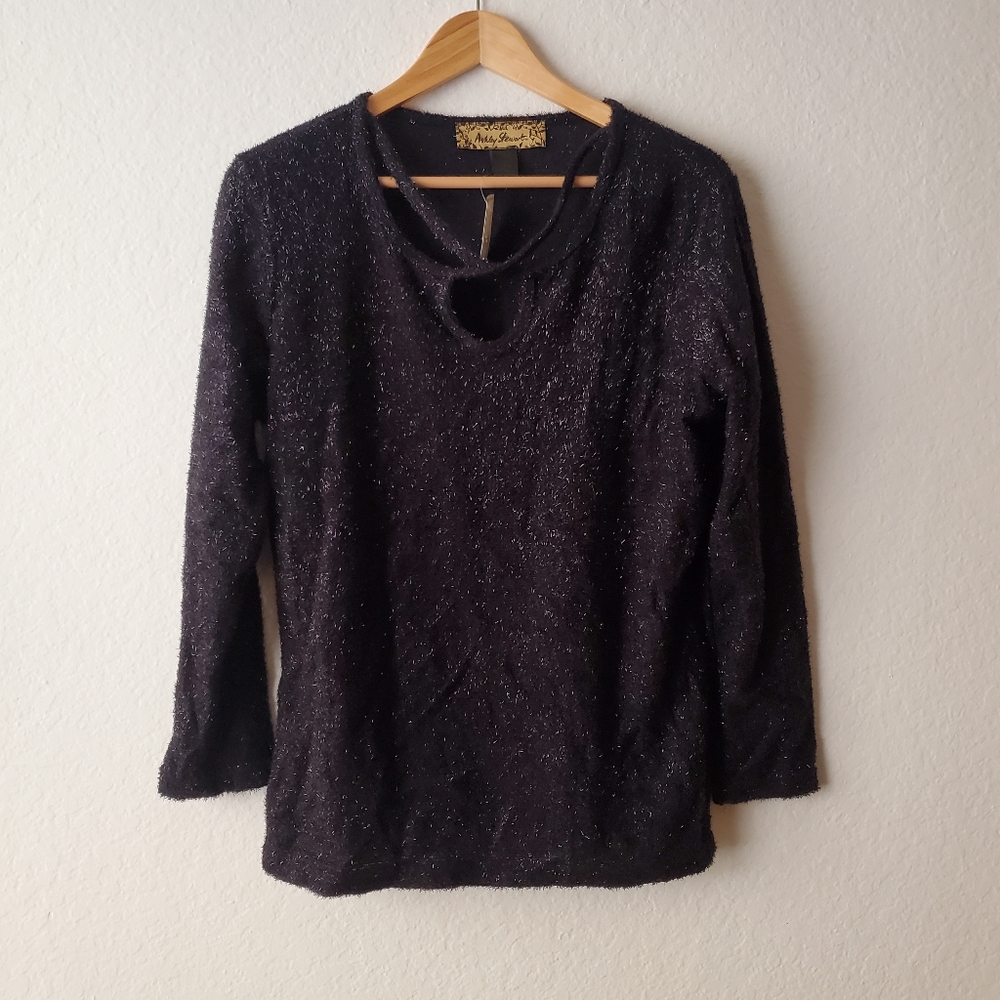 NWT Vintage Ashley Stewart 90's Cross Strap Black Tinsel Eyelash Fuzzy Sweater